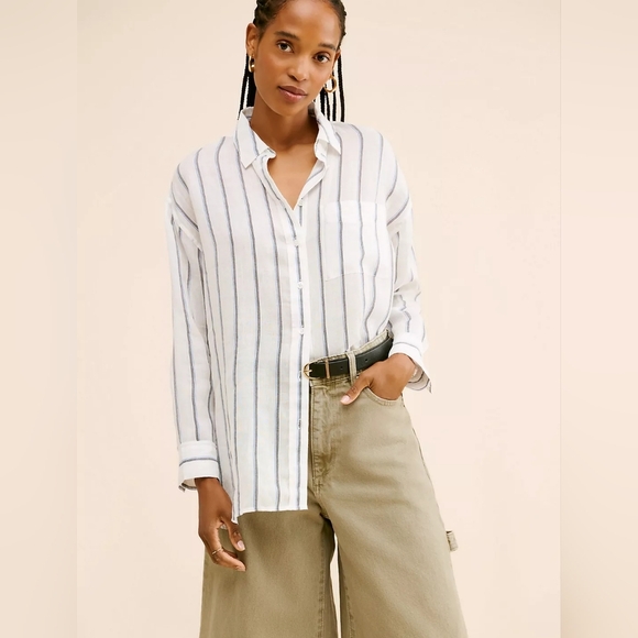 Madewell OG Sheer Oversized Striped White and Blue Button-Up Shirt - Picture 1 of 11